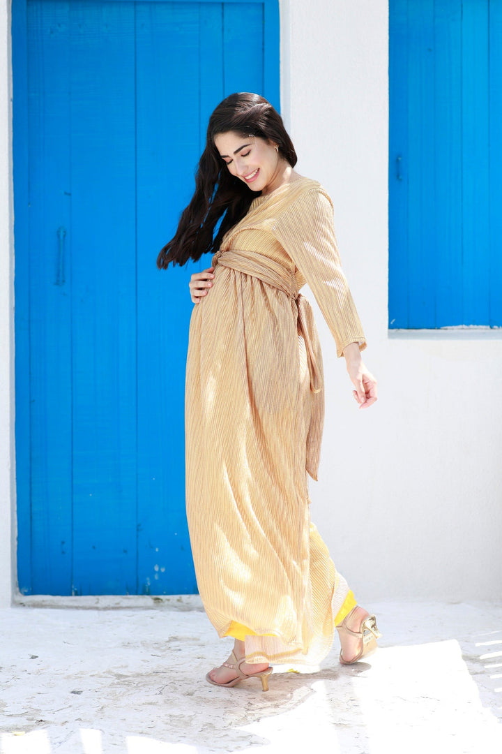 Luxe Golden Shimmery Maternity Knot Dress MOMZJOY.COM