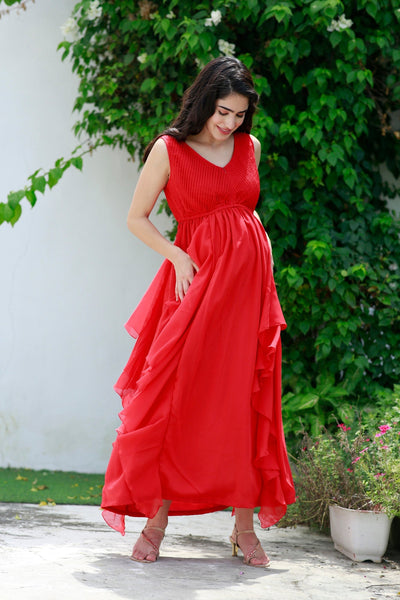 Luxe Scarlet Maternity & Nursing Pintucks Flow Dress momzjoy.com
