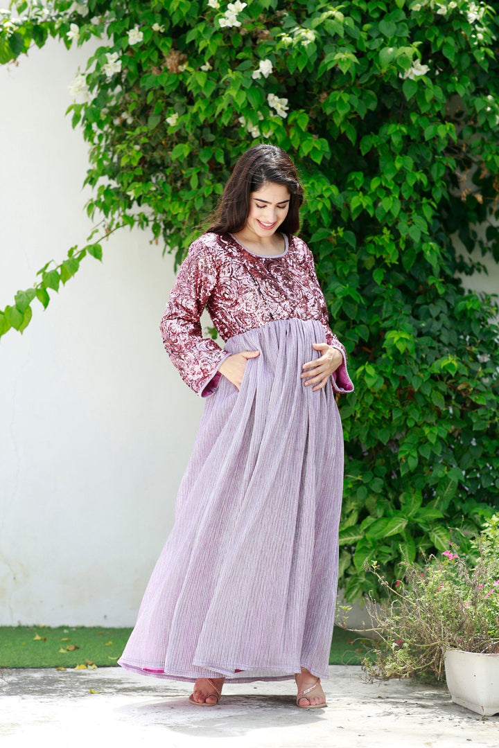 Luxe Sparkling Lavender Maternity & Nursing Dress momzjoy.com