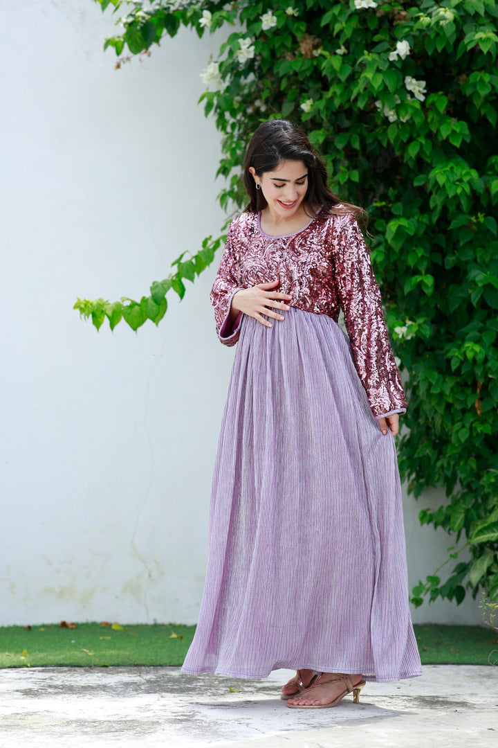 Luxe Sparkling Lavender Maternity & Nursing Dress momzjoy.com