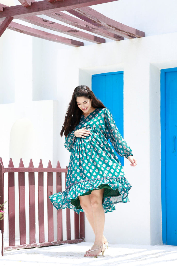 Breezy Emerald Floral Maternity Knee Frill Dress momzjoy.com