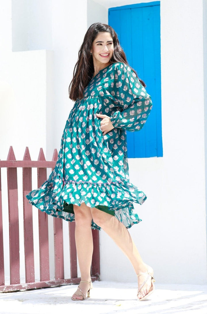 Breezy Emerald Floral Maternity Knee Frill Dress momzjoy.com