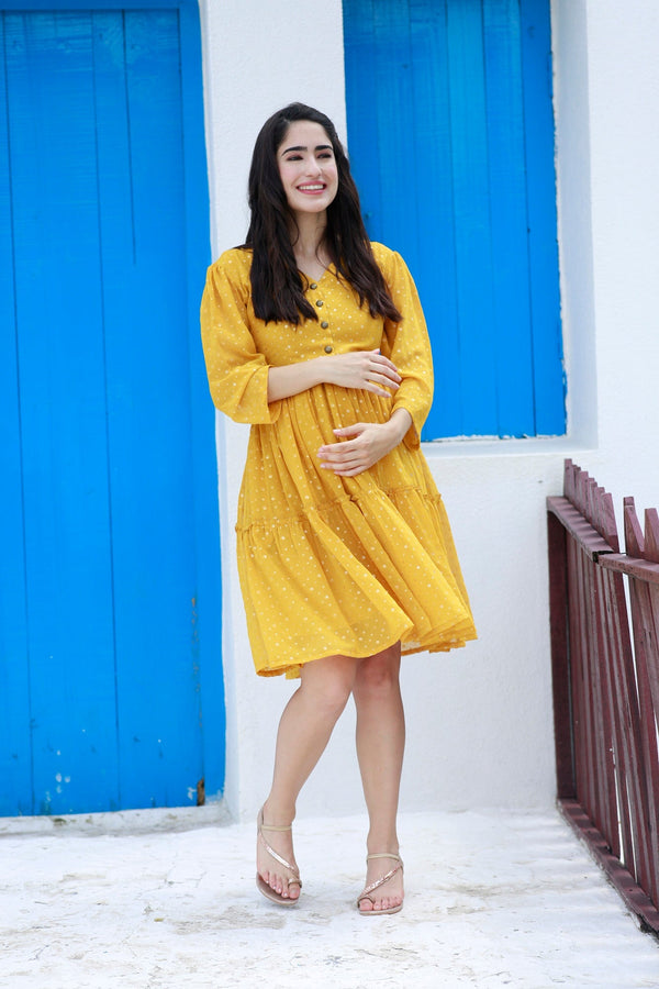 Cute Starry Marigold Maternity & Nursing Flair Dress MOMZJOY.COM