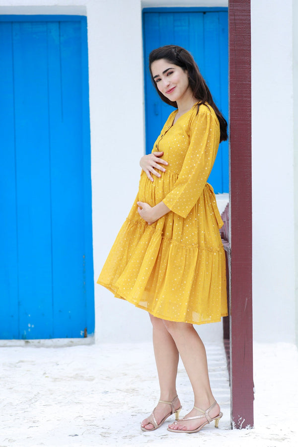 Cute Starry Marigold Maternity & Nursing Flair Dress MOMZJOY.COM