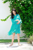 Easy Breezy Sea Green Polka Maternity Knee Frill Dress momzjoy.com