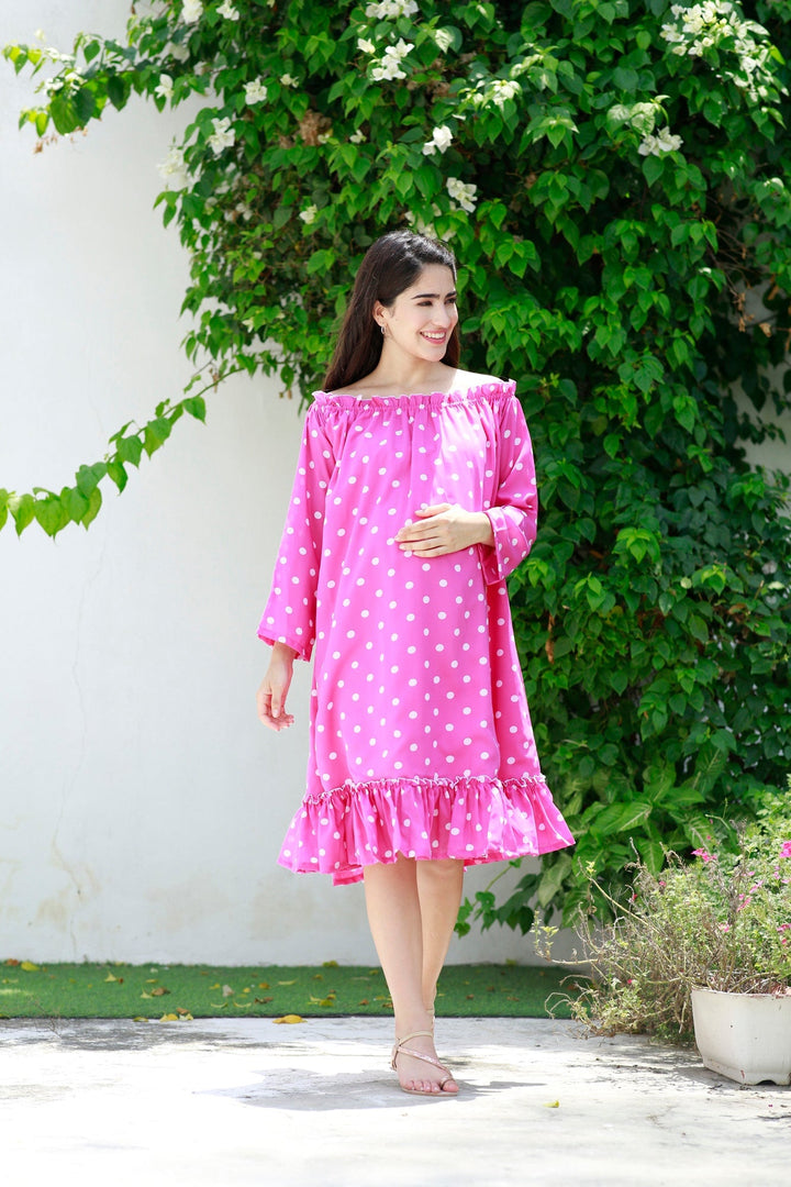 Barbie Pink Off-Shoulder Maternity Polka Frill Dress MOMZJOY.COM