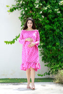 Barbie Pink Off-Shoulder Maternity Polka Frill Dress MOMZJOY.COM
