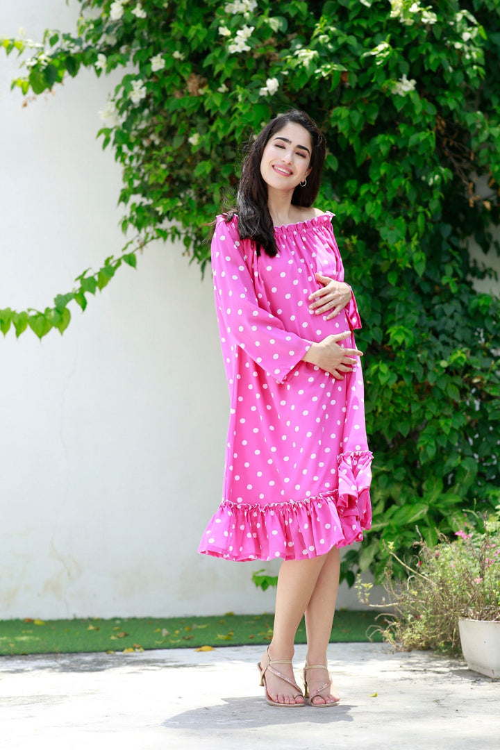 Barbie Pink Off-Shoulder Maternity Polka Frill Dress MOMZJOY.COM