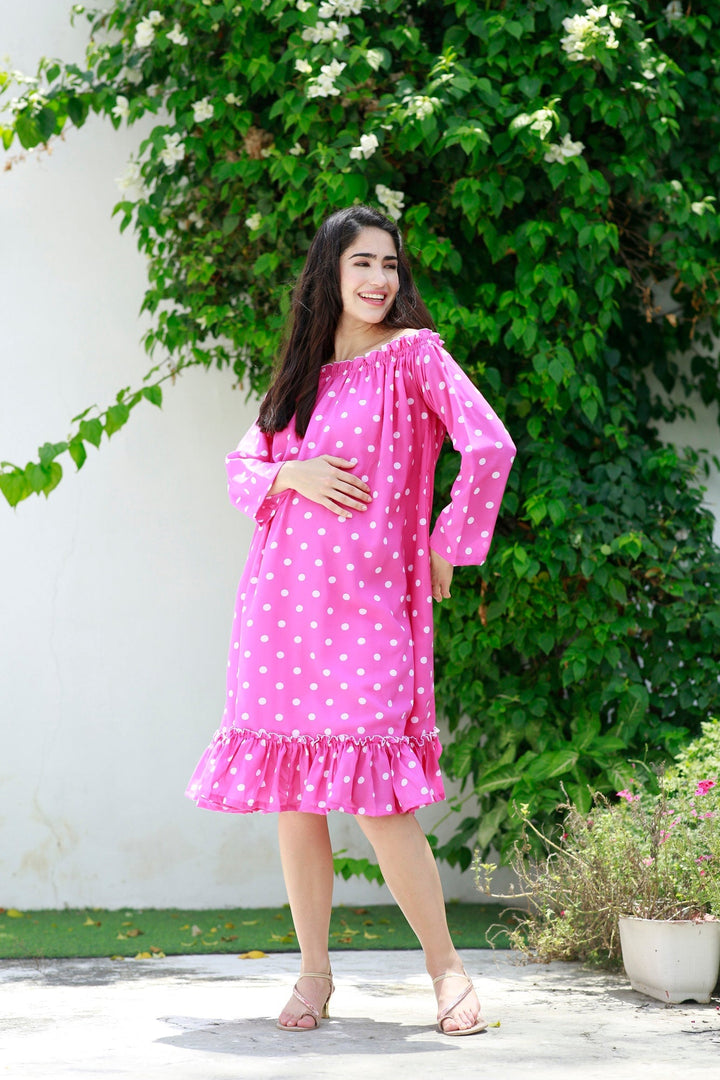 Barbie Pink Off-Shoulder Maternity Polka Frill Dress MOMZJOY.COM