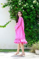 Barbie Pink Off-Shoulder Maternity Polka Frill Dress MOMZJOY.COM