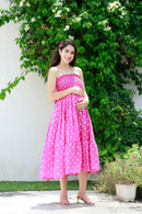 Retro Flamingo Pink Polka Maternity Off-Shoulder Dress momzjoy.com