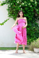 Retro Flamingo Pink Polka Maternity Off-Shoulder Dress momzjoy.com