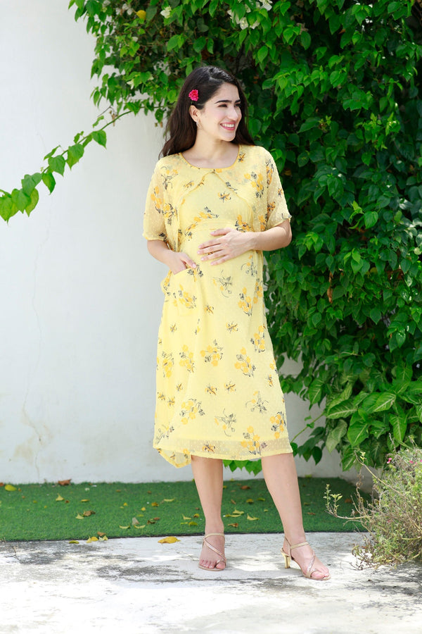 Yellowish Cream Blossom Maternity & Nursing Dress momzjoy.com