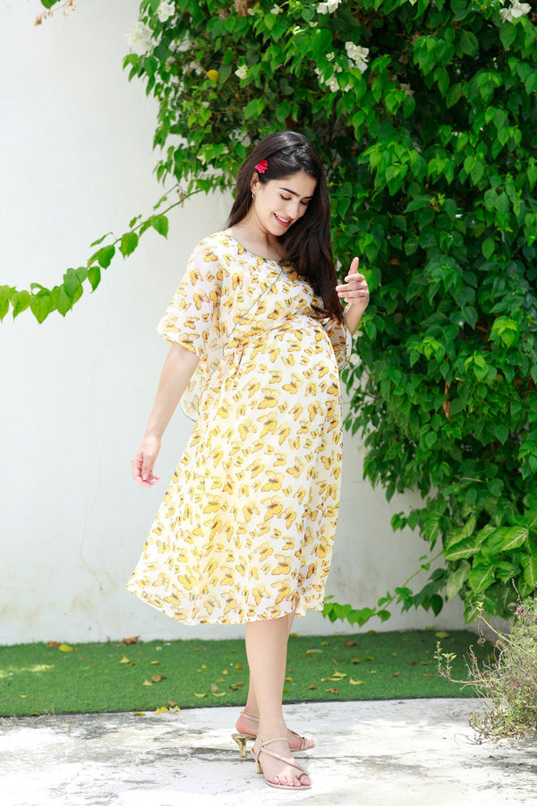 Pretty Mustard Butterflying Maternity & Nursing Chiffon Dress momzjoy.com