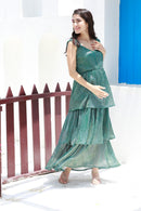 Luxe Sage Green Sparkling Maternity Tiered Dress momzjoy.com