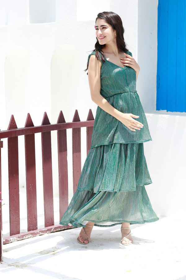 Luxe Sage Green Sparkling Maternity Tiered Dress momzjoy.com