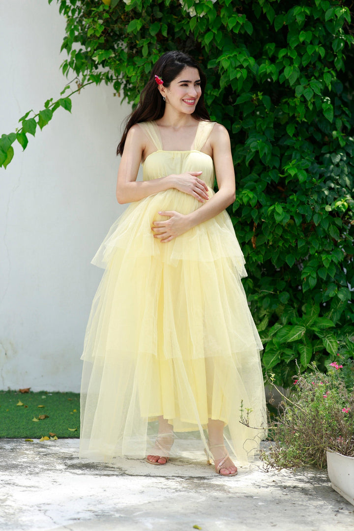 Dazzling Pastel Yellow Maternity Layered Dress momzjoy.com