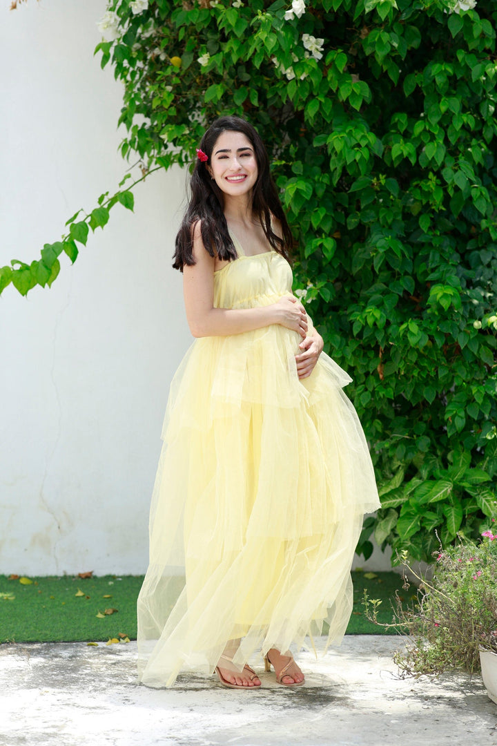 Dazzling Pastel Yellow Maternity Layered Dress momzjoy.com