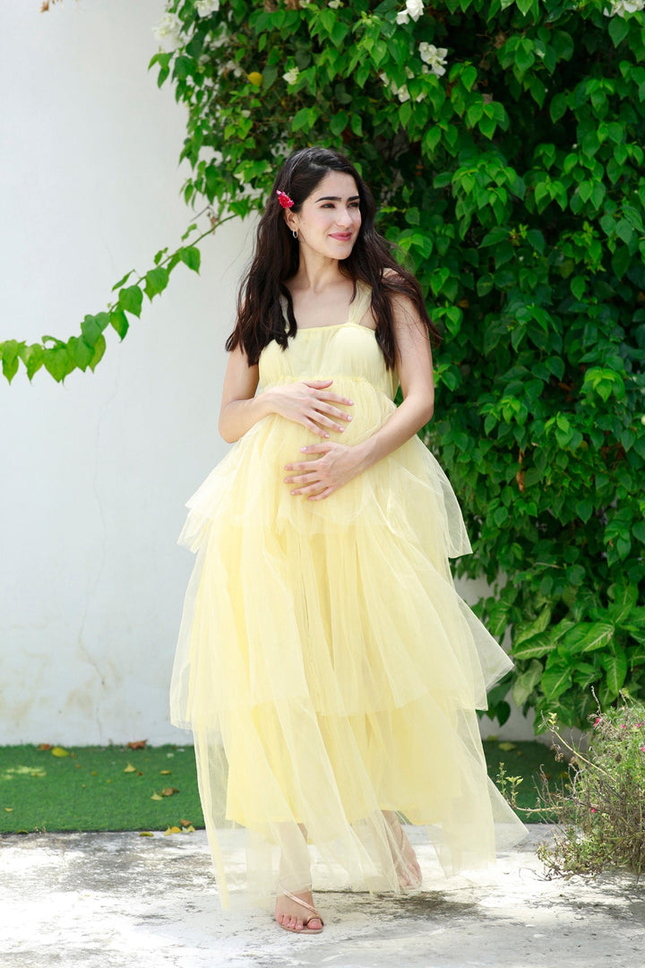 Dazzling Pastel Yellow Maternity Layered Dress momzjoy.com