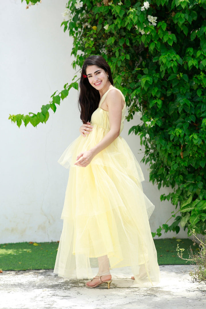 Dazzling Pastel Yellow Maternity Layered Dress momzjoy.com