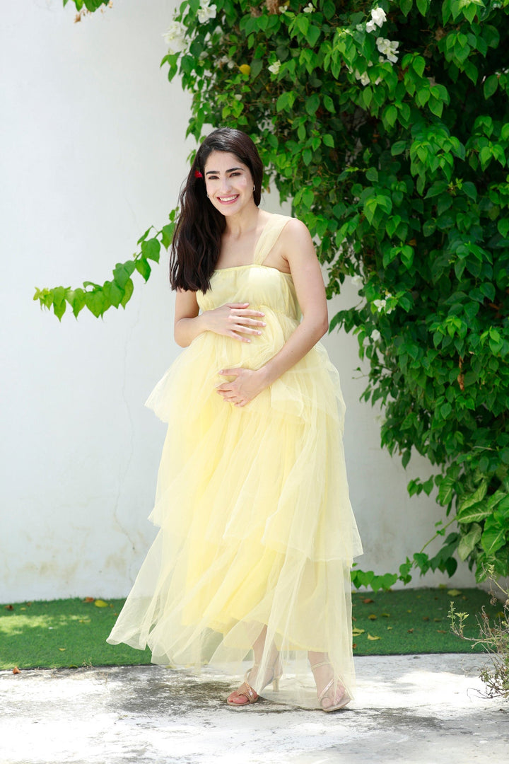 Dazzling Pastel Yellow Maternity Layered Dress momzjoy.com