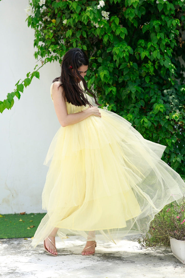 Dazzling Pastel Yellow Maternity Layered Dress momzjoy.com