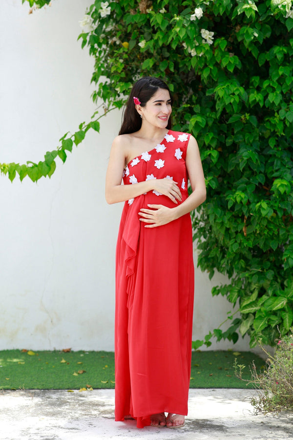 Scarlet Red One Shoulder Maternity Flow Dress momzjoy.com