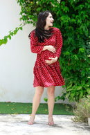 Winsome Sangria Polka Maternity & Nursing Frill Dress momzjoy.com