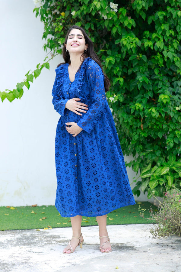 Pleasing Azure Blue Maternity & Nursing Dress (100% Cotton) momzjoy.com