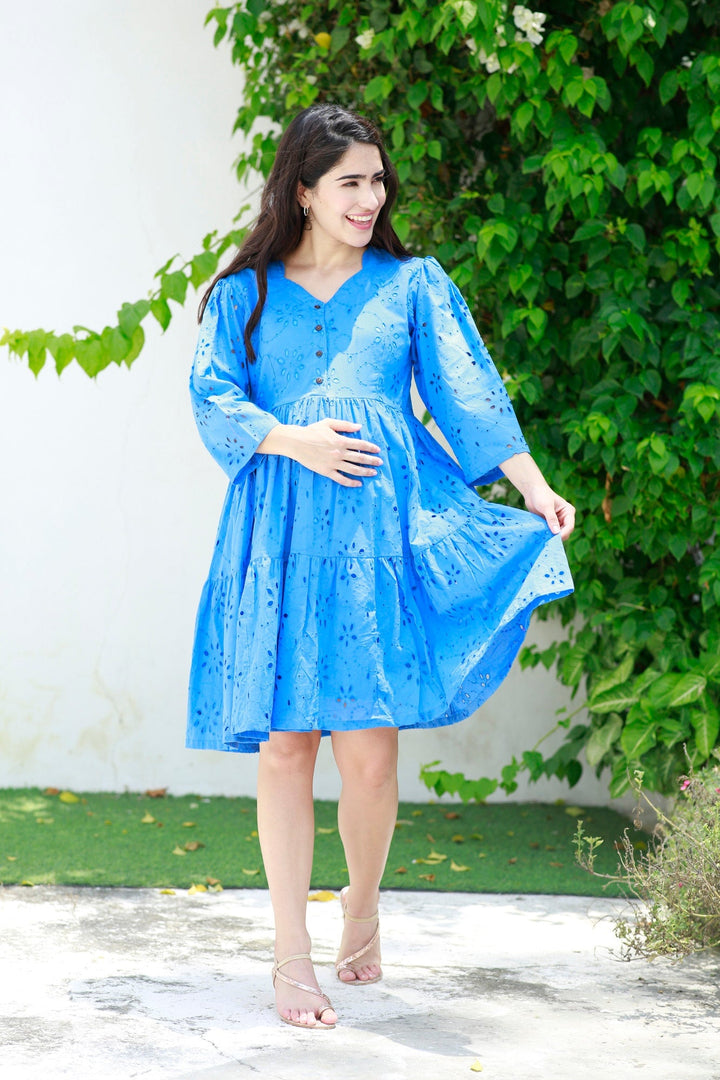 Pretty Indigo Blue Maternity & Nursing Dress (100% Cotton) MOMZJOY.COM