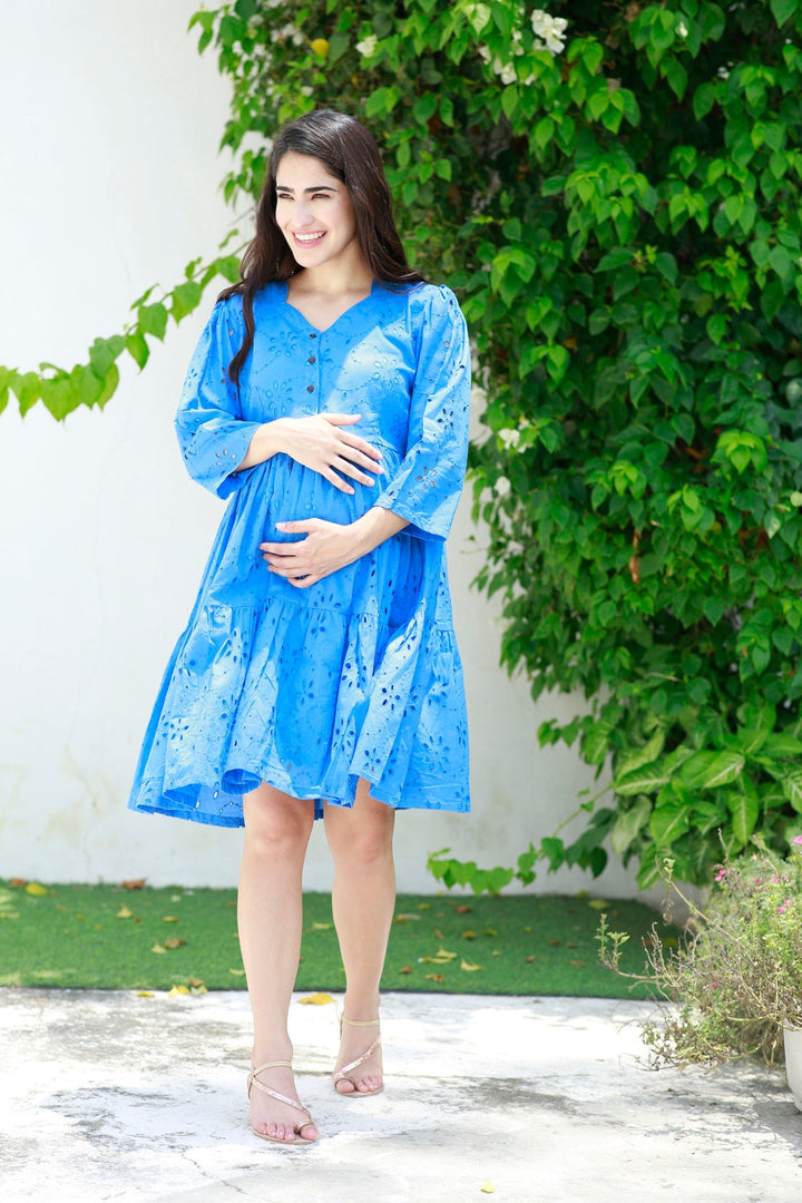 Pretty Indigo Blue Maternity & Nursing Dress (100% Cotton) MOMZJOY.COM