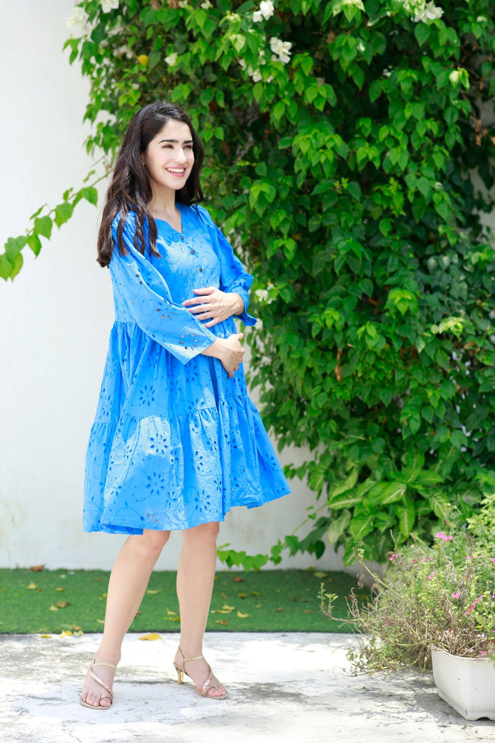 Pretty Indigo Blue Maternity & Nursing Dress (100% Cotton) MOMZJOY.COM