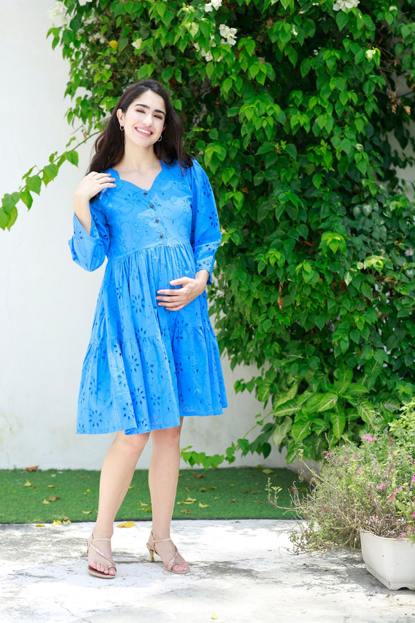 Pretty Indigo Blue Maternity & Nursing Dress (100% Cotton) MOMZJOY.COM