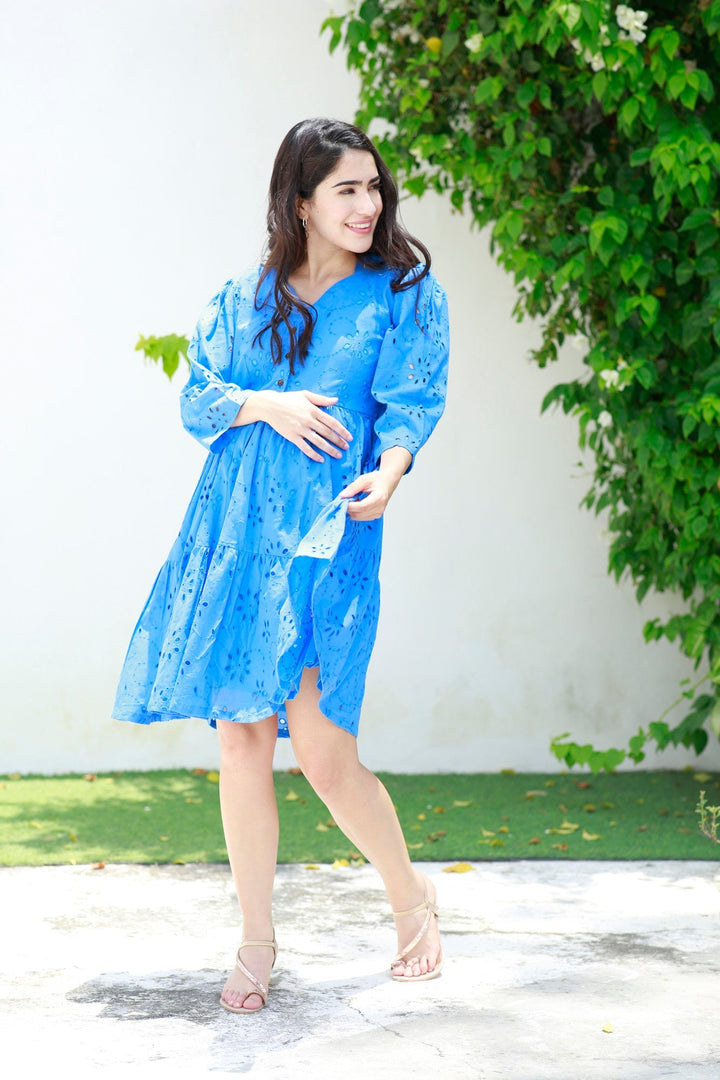 Pretty Indigo Blue Maternity & Nursing Dress (100% Cotton) MOMZJOY.COM