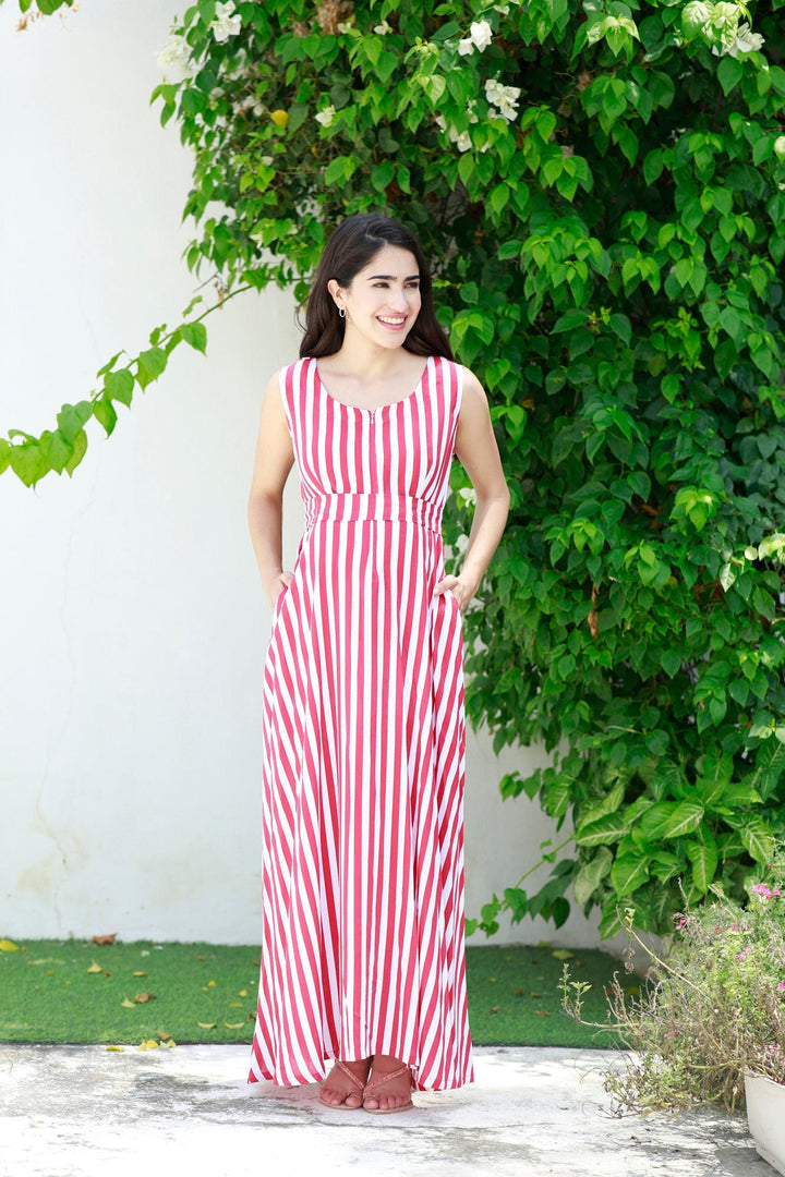 Breezy Red Striped Maternity & Nursing Long Maxi momzjoy.com