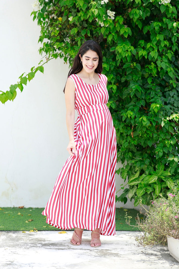 Breezy Red Striped Maternity & Nursing Long Maxi momzjoy.com