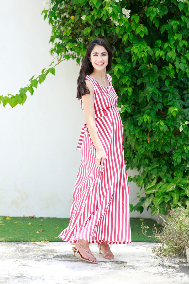 Breezy Red Striped Maternity & Nursing Long Maxi momzjoy.com