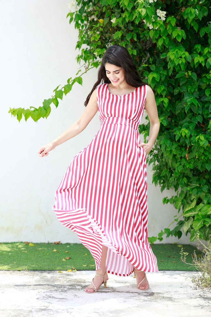 Breezy Red Striped Maternity & Nursing Long Maxi momzjoy.com