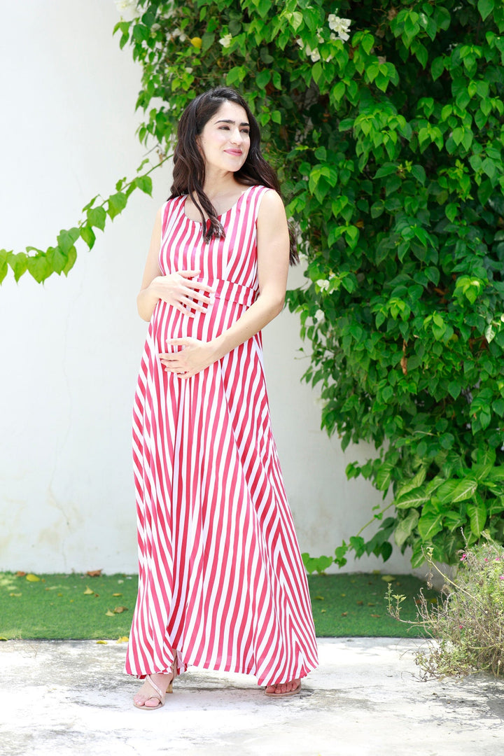 Breezy Red Striped Maternity & Nursing Long Maxi momzjoy.com