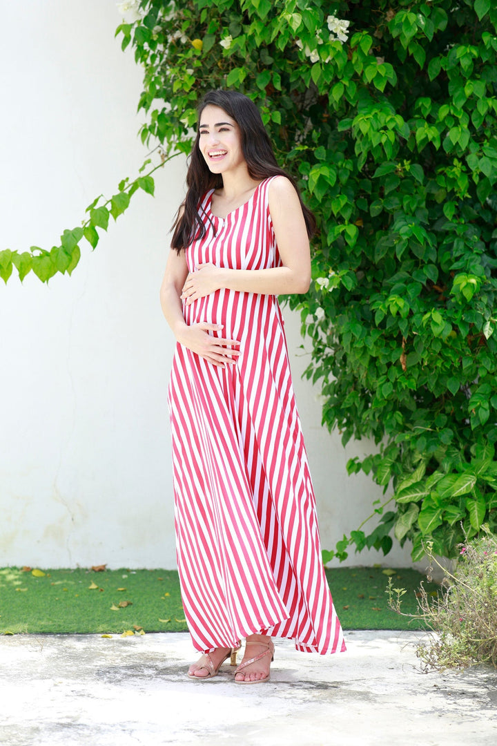 Breezy Red Striped Maternity & Nursing Long Maxi momzjoy.com