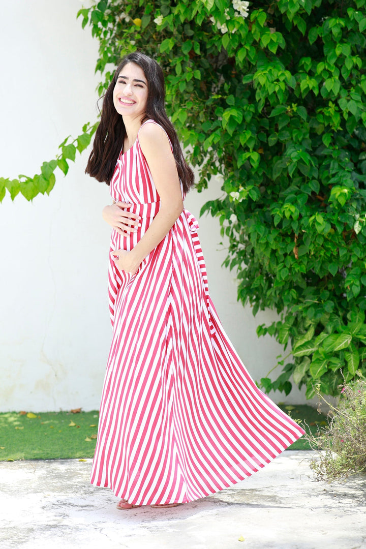 Breezy Red Striped Maternity & Nursing Long Maxi momzjoy.com