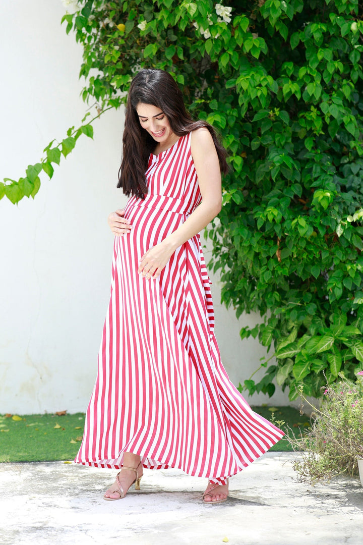 Breezy Red Striped Maternity & Nursing Long Maxi momzjoy.com