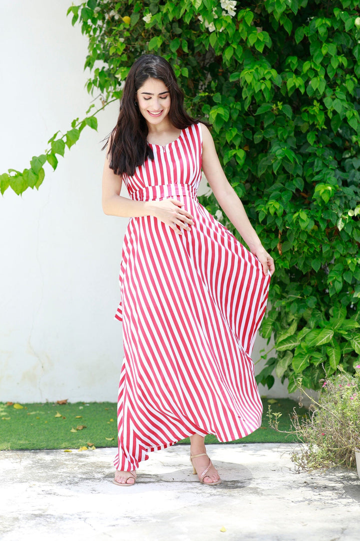 Breezy Red Striped Maternity & Nursing Long Maxi momzjoy.com