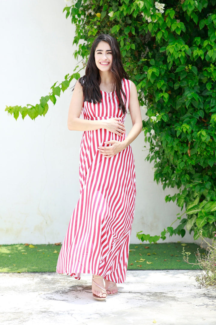 Breezy Red Striped Maternity & Nursing Long Maxi momzjoy.com