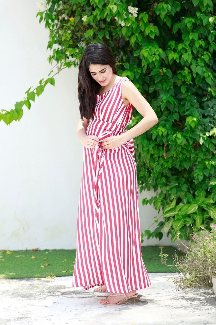 Breezy Red Striped Maternity & Nursing Long Maxi momzjoy.com