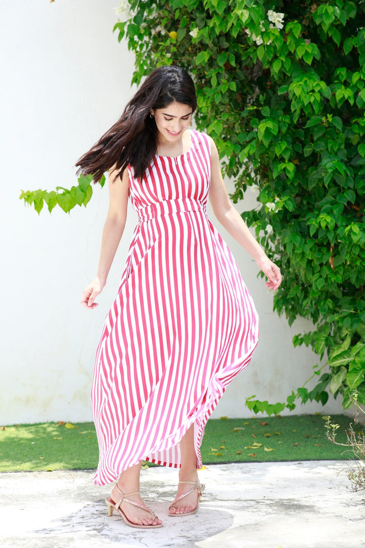 Breezy Red Striped Maternity & Nursing Long Maxi momzjoy.com