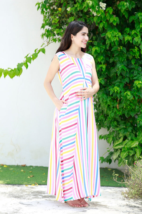 Retro Colorful Dual Striped Maternity & Nursing Maxi momzjoy.com