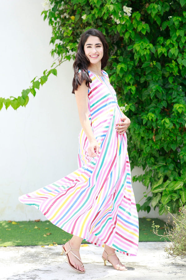 Retro Colorful Dual Striped Maternity & Nursing Maxi momzjoy.com