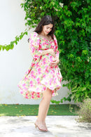 Victoria Flamingo Rosy Pink Maternity & Nursing Knee Dress momzjoy.com