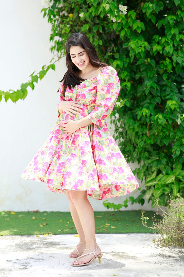 Victoria Flamingo Rosy Pink Maternity & Nursing Knee Dress momzjoy.com